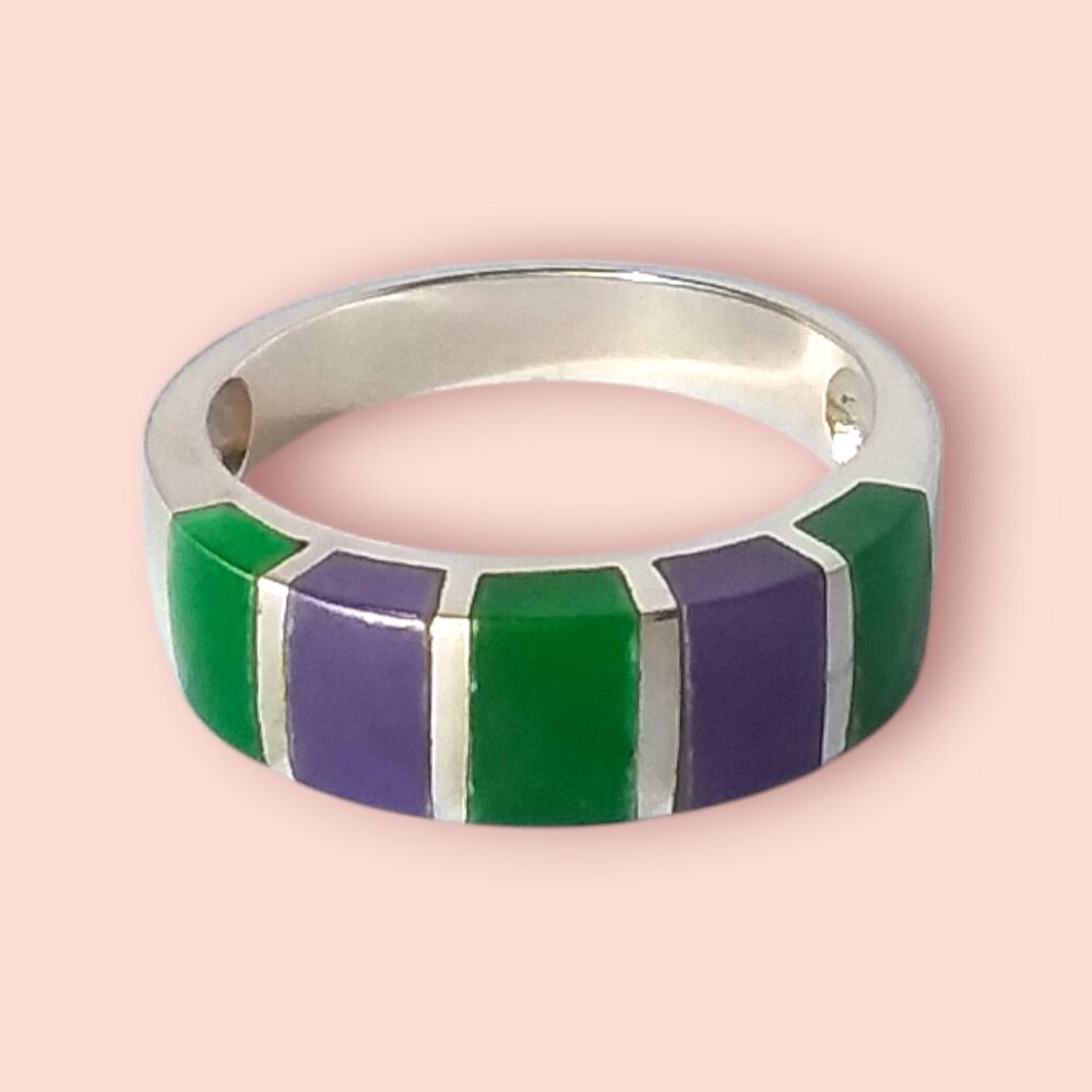 925 Sterling Silver Ring Purple Lavender Green Jade Inlay Size 7.25 - 7.5 NEW